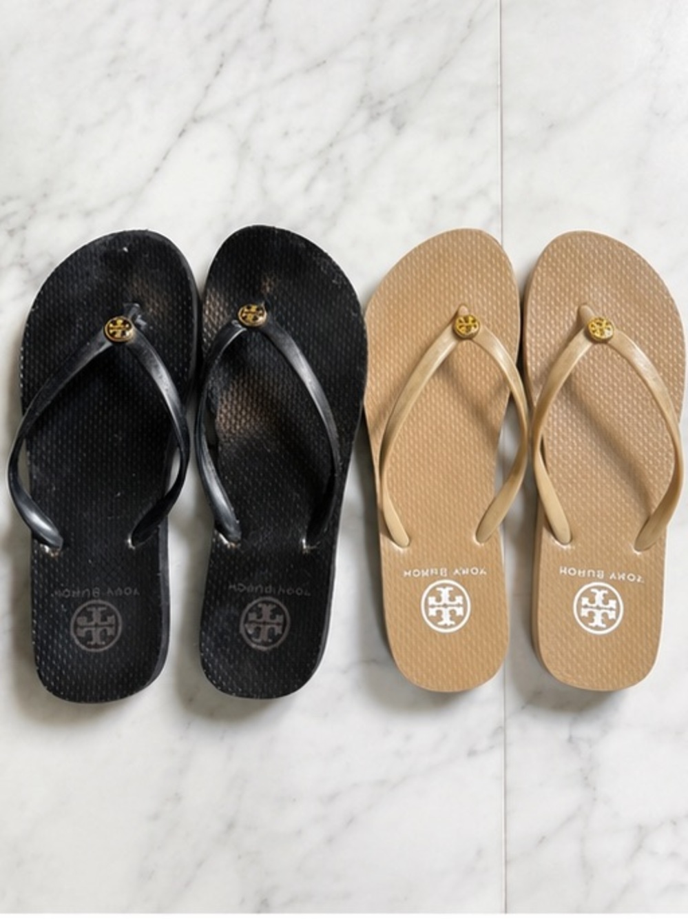 Tory Burch Reva Logo Flip Flop Sandals in Black and Tan